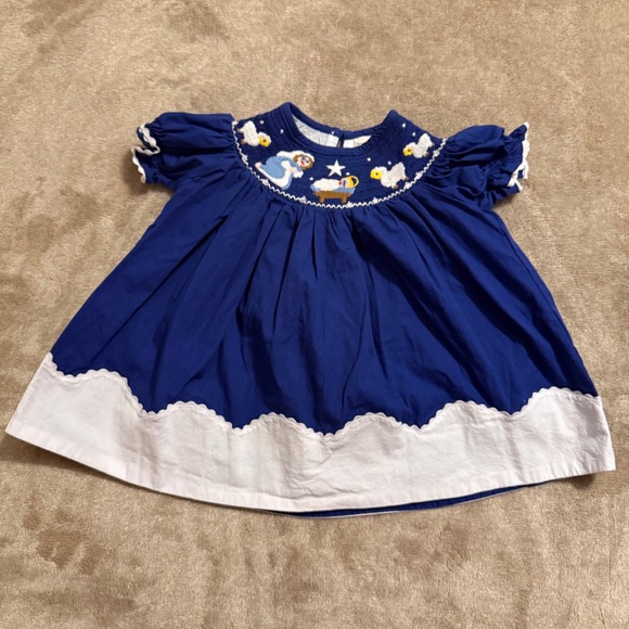 Lil Cactus Other - Lil Cactus Baby Girl Smocked Nativity Dress Blue Cotton Christmas 3-6M